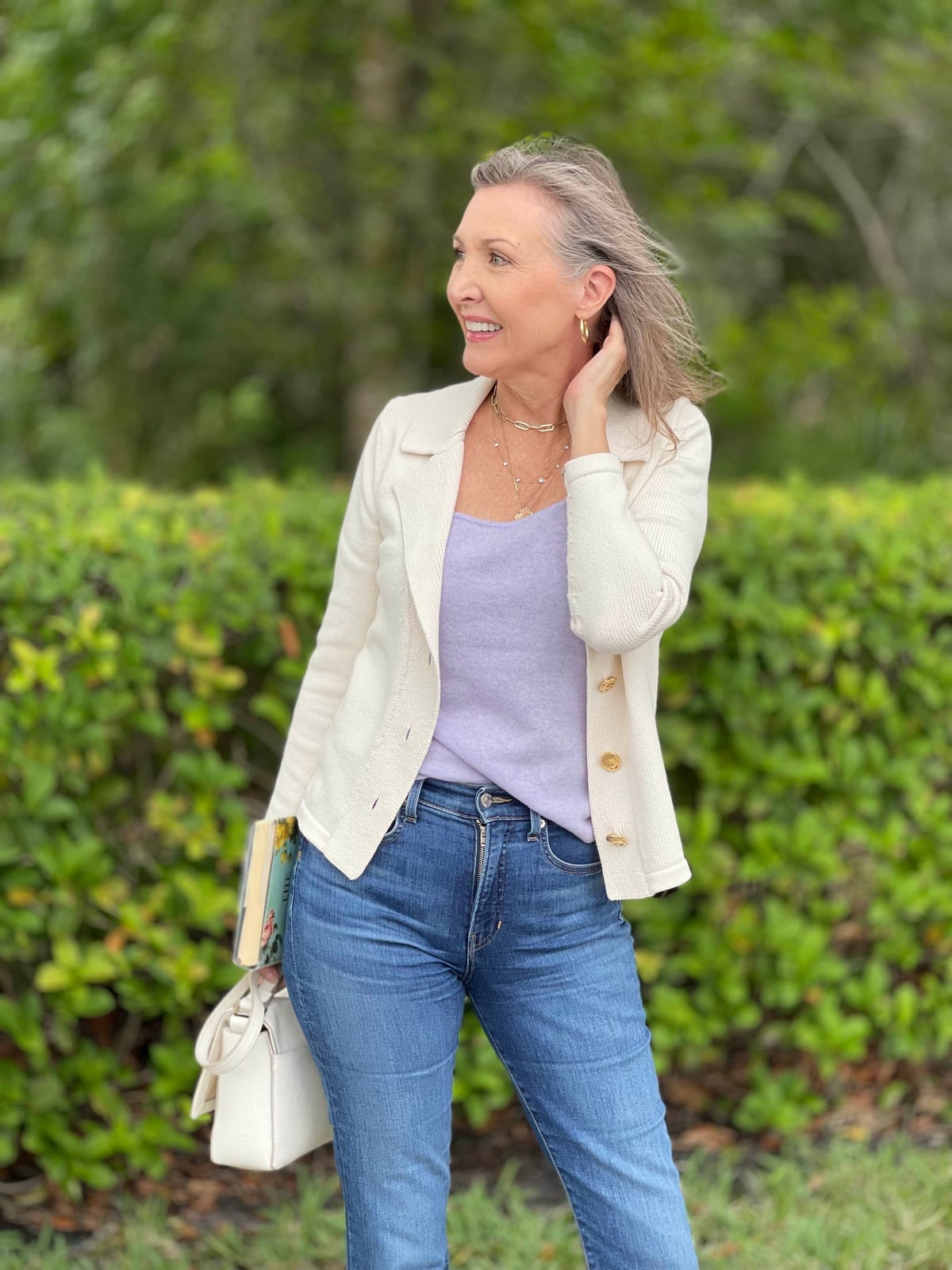Cream Textured Blazer with Lavender Top and Blue Jeans Cream Textured Blazer with Lavender Top and Blue Jeans — Trendy Cute Work Outfit