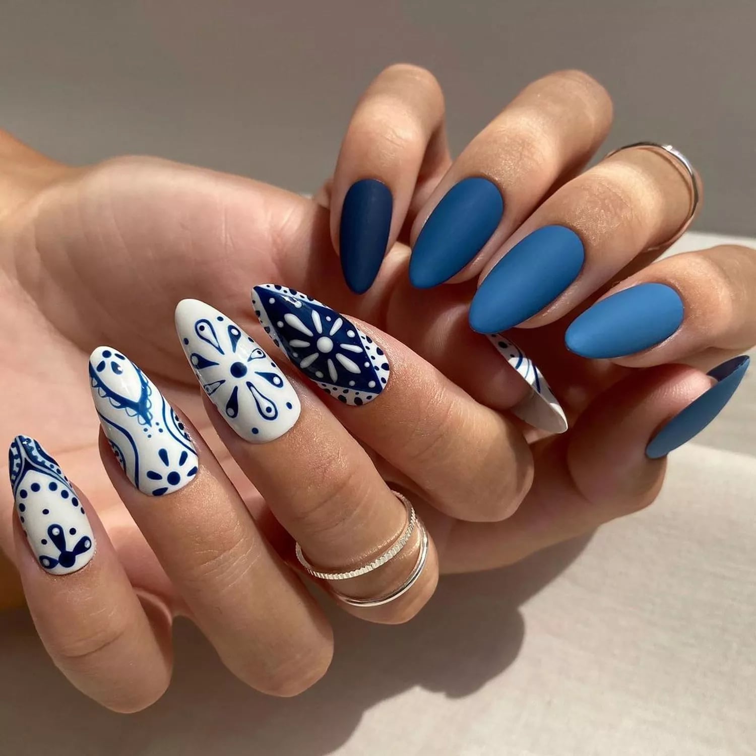 Medium Almond Matte Deep Blue with Patterns Medium Almond Matte Deep Blue with Patterns — Trendy Dark Blue Nails