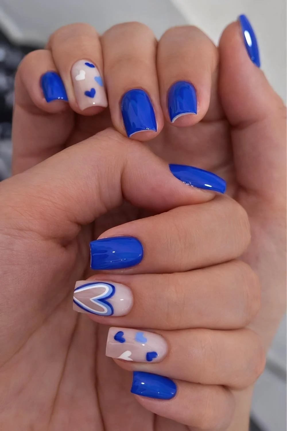 Short Square Royal Blue with Heart Accents Short Square Royal Blue with Heart Accents — Trendy Dark Blue Nails