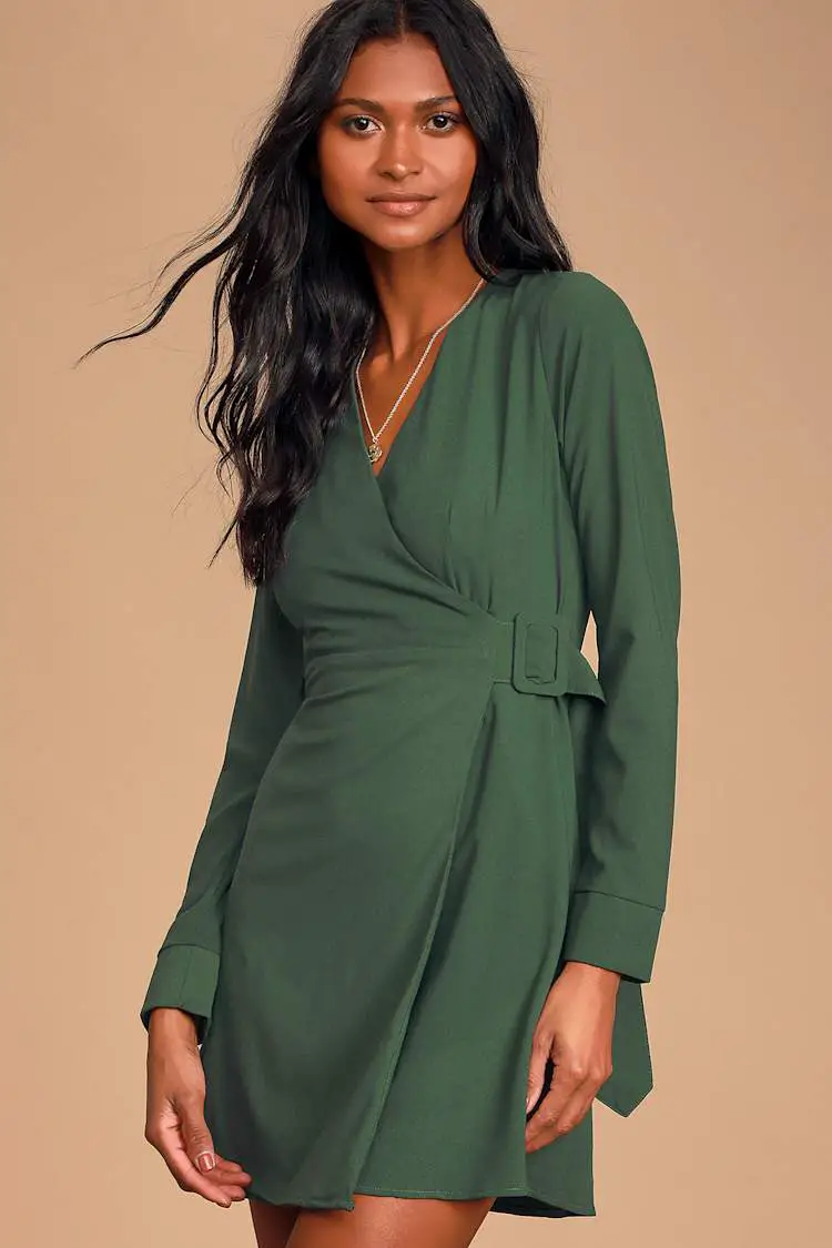 Dark Green Wrap Dress with Buckled Belt Detail — Trendy Dark Green Dress