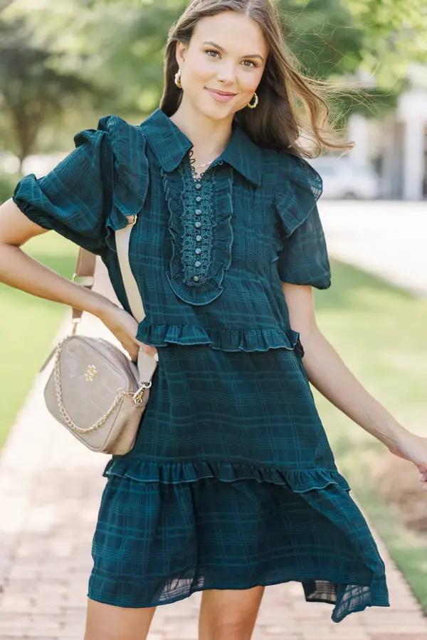 Plaid Dark Green Dress with Ruffled Collar and Tiered Skirt — Trendy Dark Green Dress