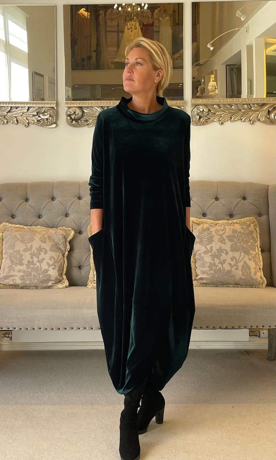 Oversized Dark Green Velvet Dress with Balloon Silhouette — Trendy Dark Green Dress