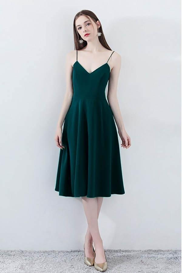 Spaghetti Strap Dark Green Midi Dress with V-neckline — Trendy Dark Green Dress