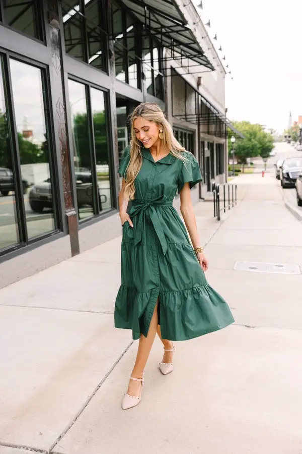 Tiered Dark Green Shirt Midi Dress with Tie Waist — Trendy Dark Green Dress