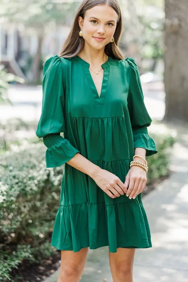 Emerald Green Satin Tiered Dress with Puff Sleeves — Trendy Dark Green Dress
