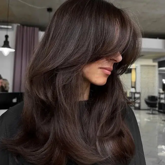 Mid-Back Dark Brown With Face-Framing Layers Mid-Back Dark Brown With Face-Framing Layers — Trendy Dark Hair Color