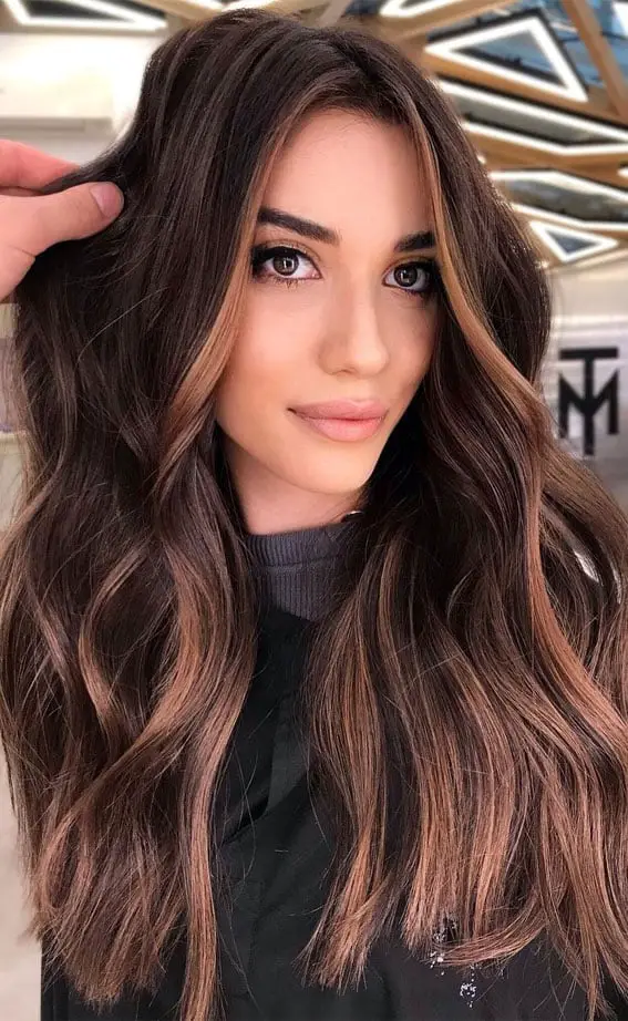 Dark Brown With Toffee Highlights And Loose Waves Dark Brown With Toffee Highlights And Loose Waves — Trendy Dark Hair Color