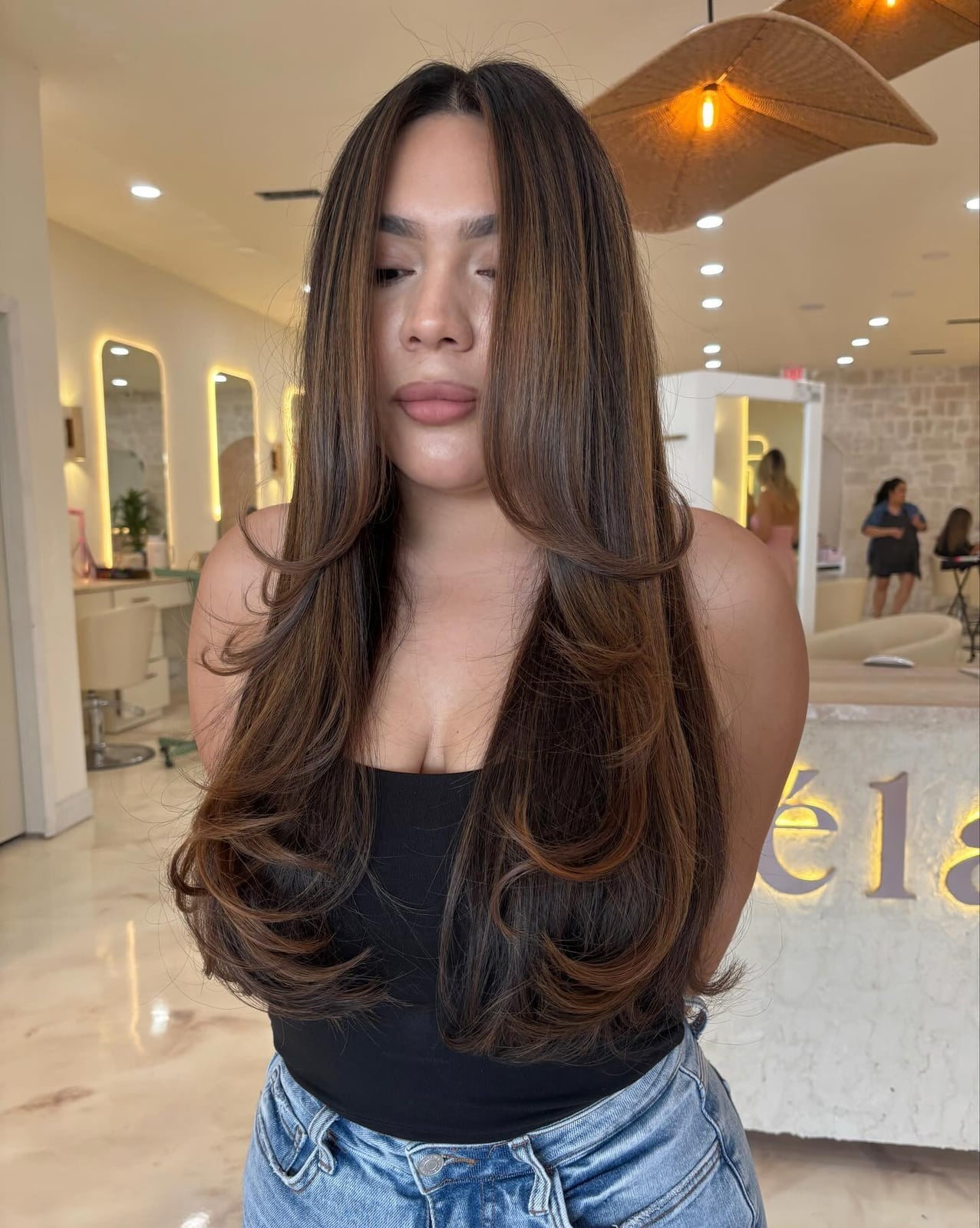 Collarbone Dark Brown With Caramel Highlights Collarbone Dark Brown With Caramel Highlights — Trendy Dark Hair Color