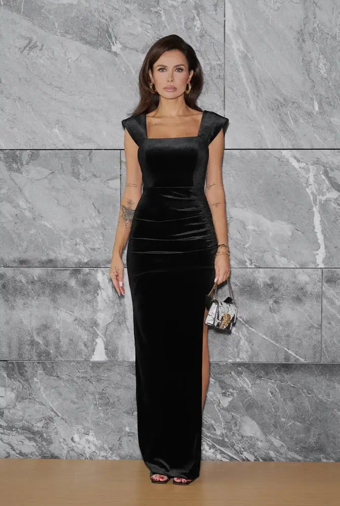 Black Velvet Square Neck Dress with High Slit Black Velvet Square Neck Dress with High Slit — Trendy Dress for Wedding Guest