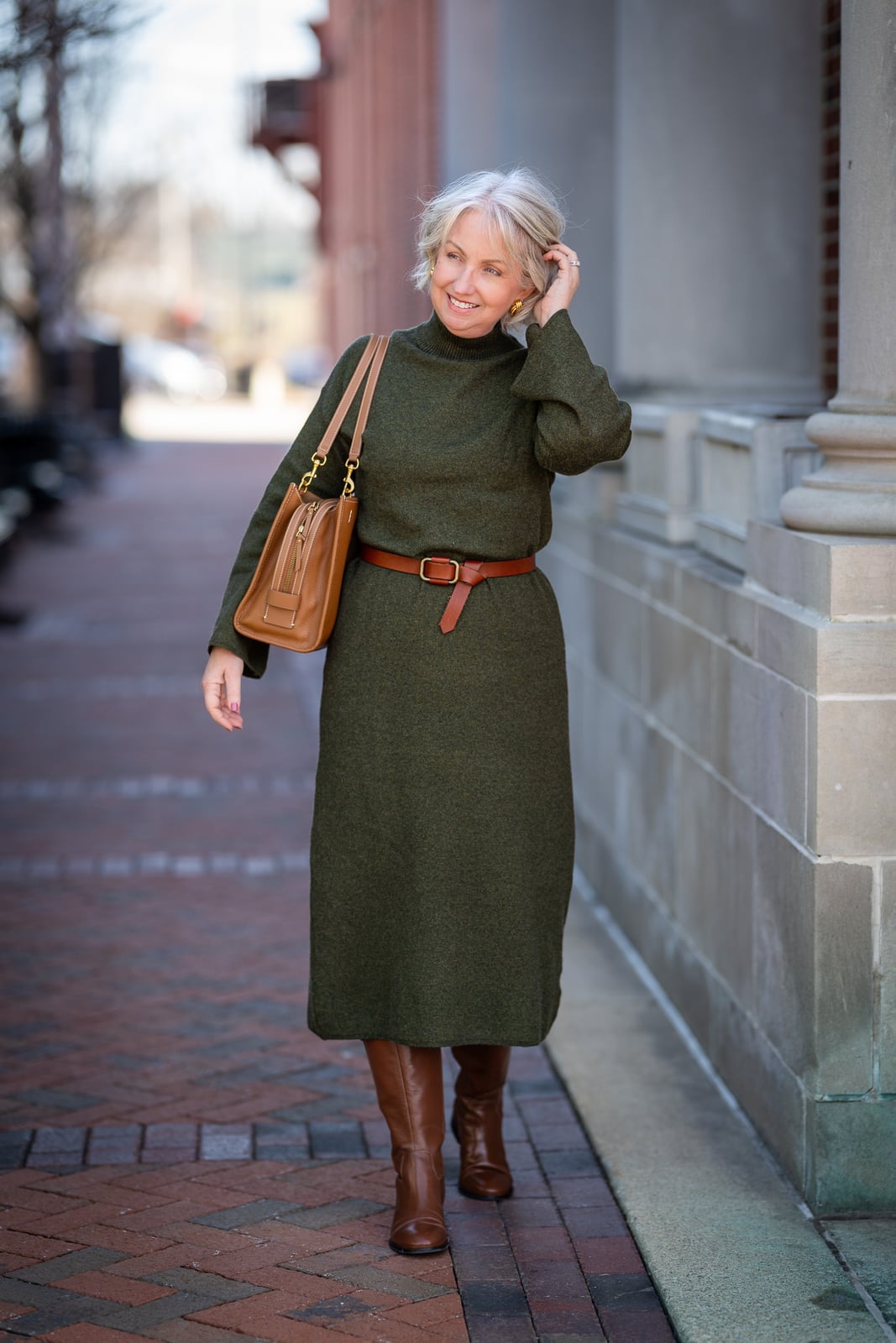 Midi Dress with Leather Belt and Knee-High Boots Midi Dress with Leather Belt and Knee-High Boots — Trendy Dress with Boots