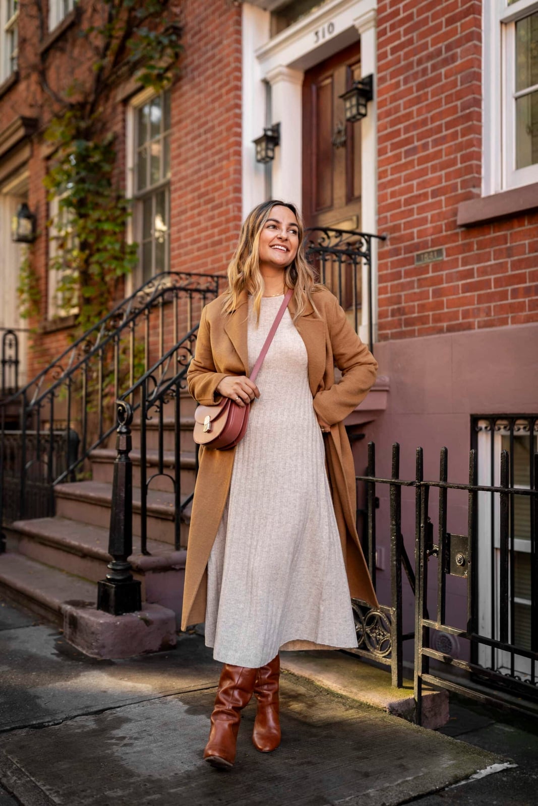 Ribbed Midi Dress with Wool Coat and Knee-High Boots Ribbed Midi Dress with Wool Coat and Knee-High Boots — Trendy Dress with Boots