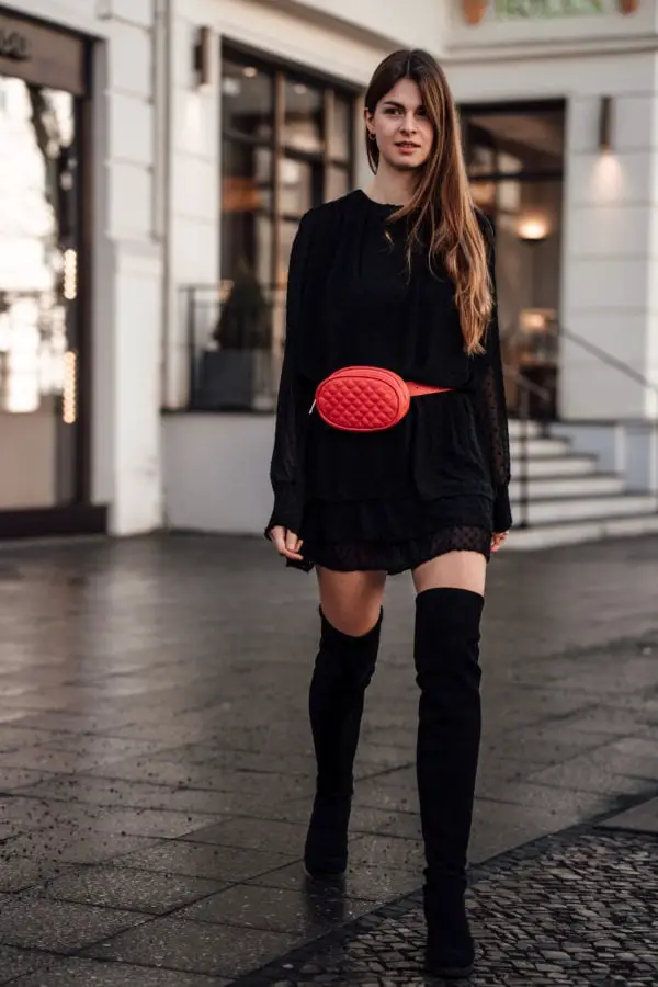 Sheer Mini Dress with Over-The-Knee Boots, Black Sheer Mini Dress with Over-The-Knee Boots, Black — Trendy Dress with Boots