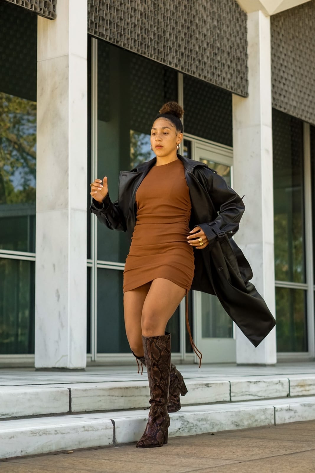 Ruched Mini Dress with Leather Trench Coat and Snake Print Boots Ruched Mini Dress with Leather Trench Coat and Snake Print Boots — Trendy Dress with Boots