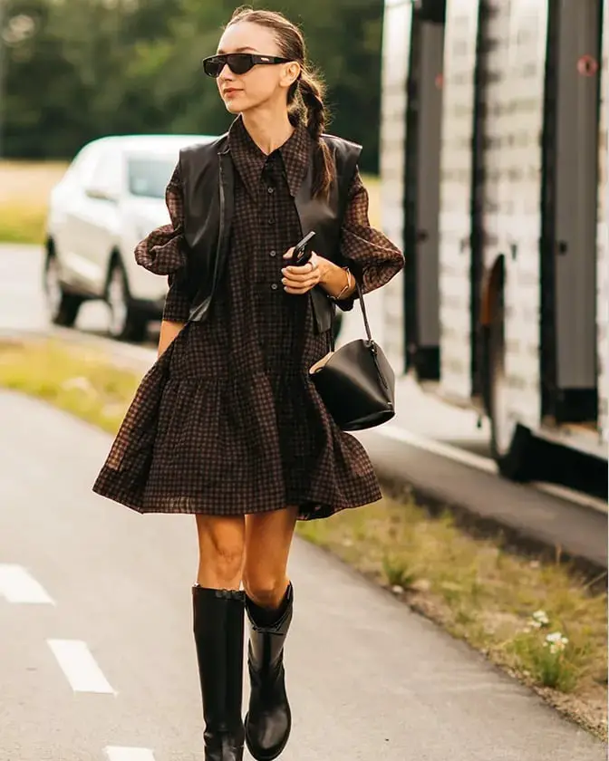 Gingham Mini Dress with Leather Vest and Knee-High Boots Gingham Mini Dress with Leather Vest and Knee-High Boots — Trendy Dress with Boots