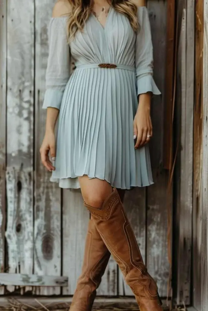 Pleated Dress with Western Boots Pleated Dress with Western Boots — Trendy Dress with Boots