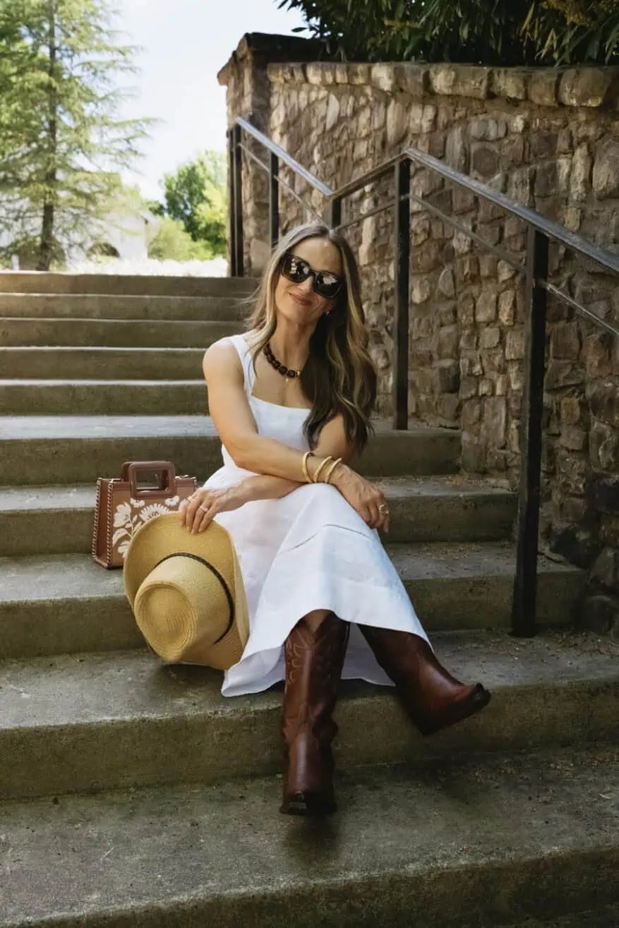 Linen Midi Dress with Cowboy Boots Linen Midi Dress with Cowboy Boots — Trendy Dress with Boots
