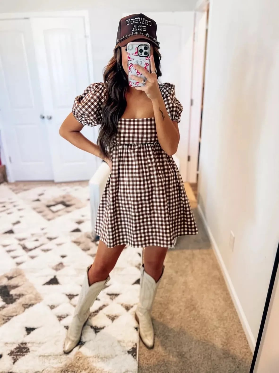 Gingham Mini Dress with Western Boots Gingham Mini Dress with Western Boots — Trendy Dress with Boots