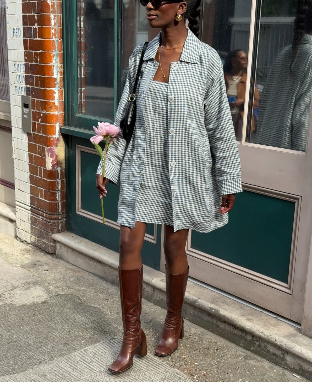 Gingham Mini Dress with Oversized Shirt and Block Heel Boots Gingham Mini Dress with Oversized Shirt and Block Heel Boots — Trendy Dress with Boots