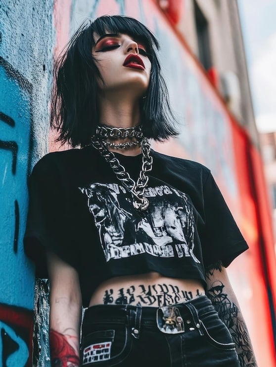 Graphic Band Tee with Fitted Denim and Chain Accessories Graphic Band Tee with Fitted Denim and Chain Accessories — Trendy Emo Style