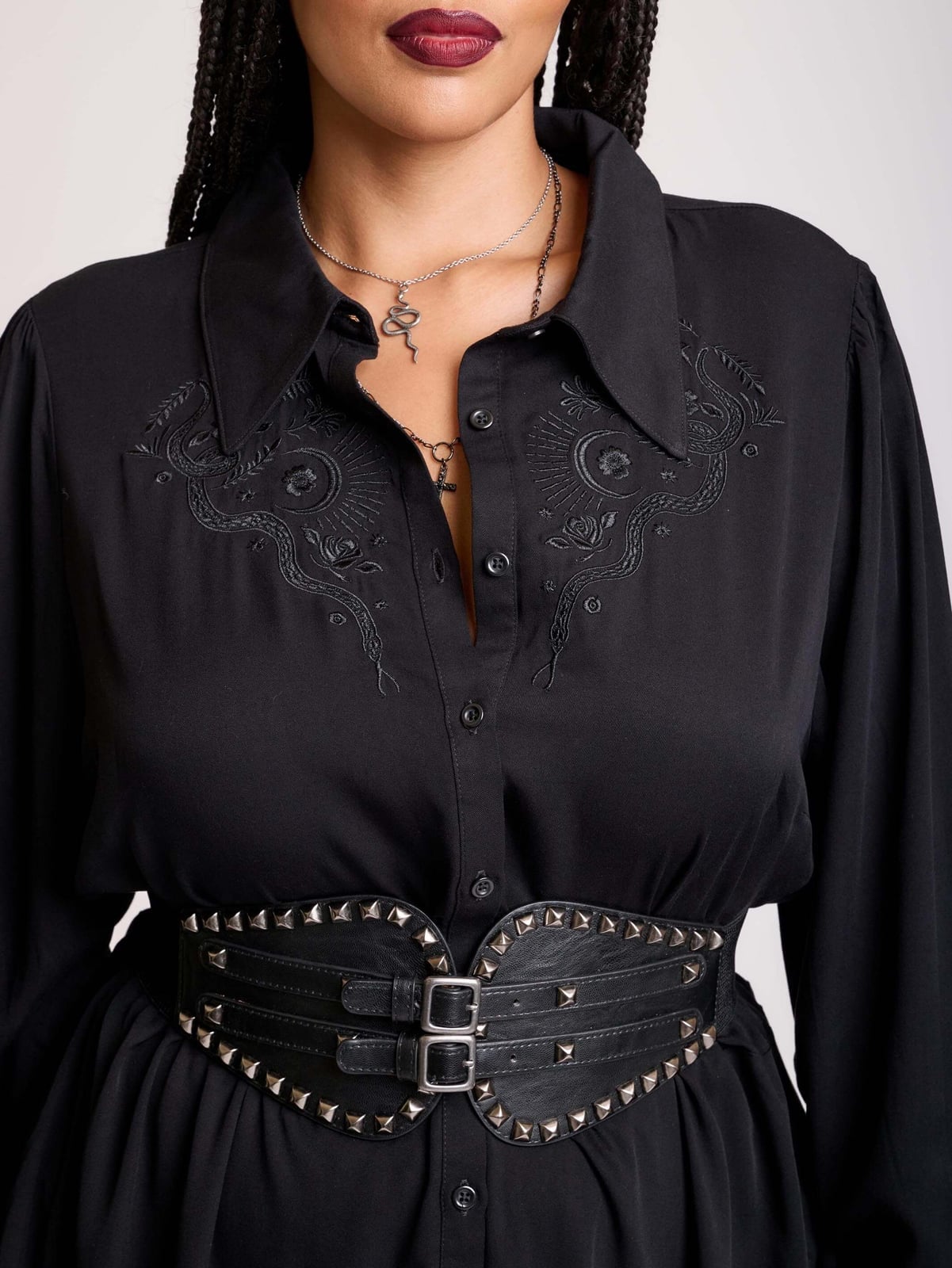 Embroidered Collared Shirt with Studded Leather Belt and Layered Embroidered Collared Shirt with Studded Leather Belt and Layered — Trendy Emo Style