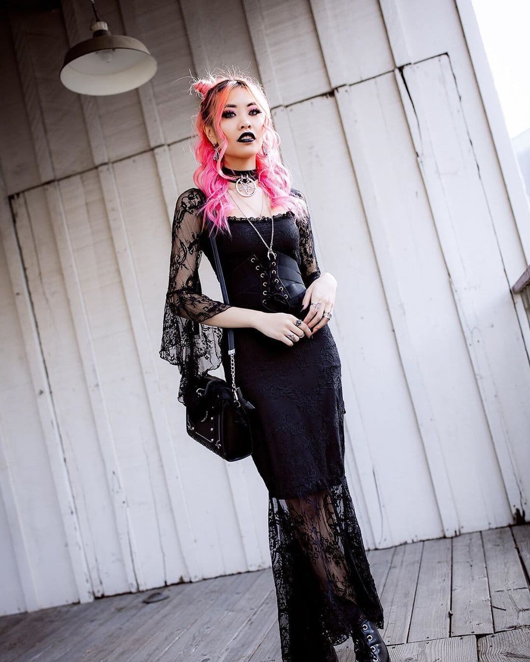 Black Lace Dress with Corset Detail and Bell Sleeves Black Lace Dress with Corset Detail and Bell Sleeves — Trendy Emo Style