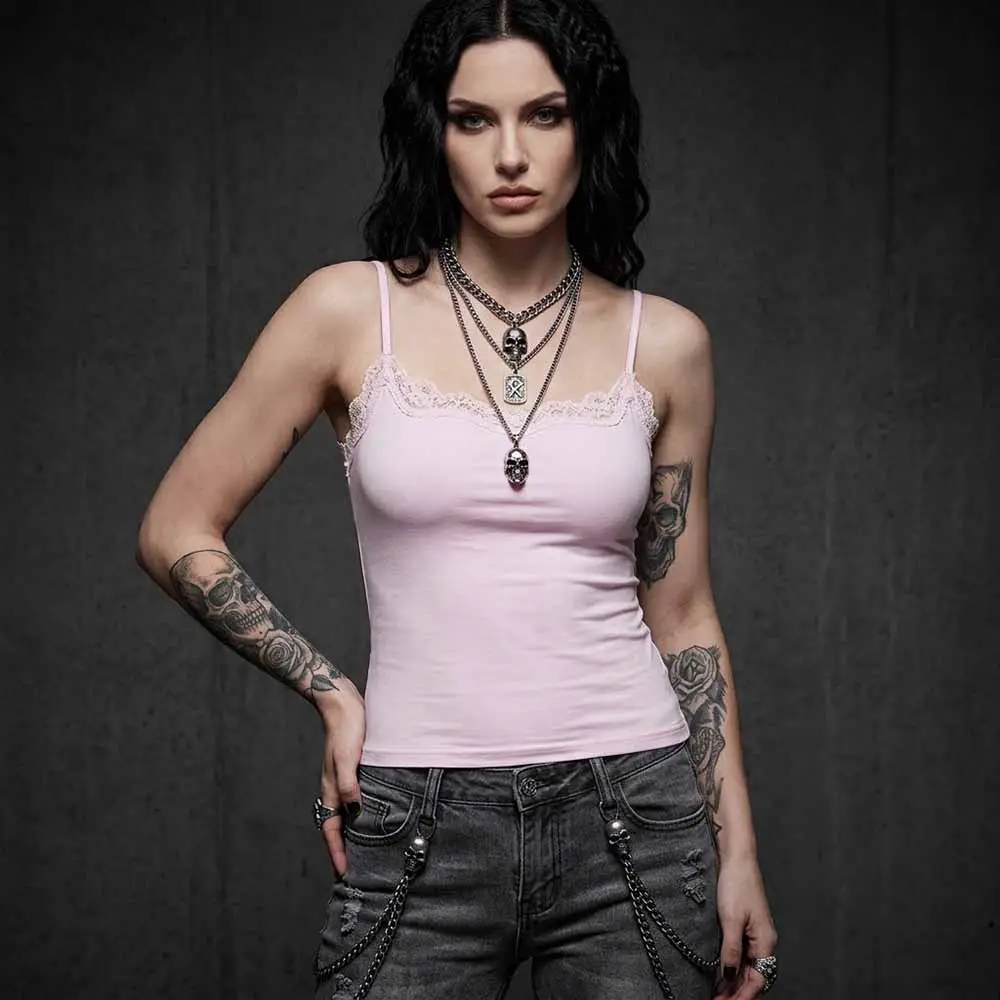Lace-trimmed Camisole with Skull Necklaces and Distressed Jeans Lace-trimmed Camisole with Skull Necklaces and Distressed Jeans — Trendy Emo Style