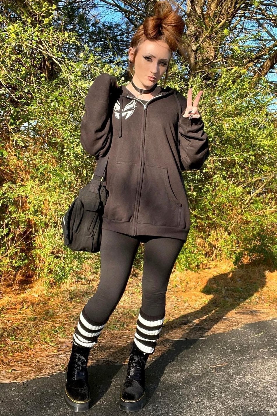 Oversized Zip-Up Hoodie Over Black Leggings with Striped Socks Oversized Zip-Up Hoodie Over Black Leggings with Striped Socks — Trendy Emo Style