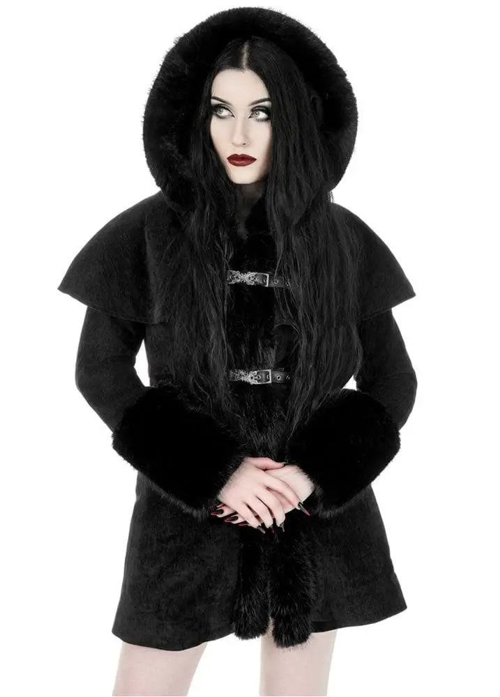 Fitted Hooded Coat with Faux Fur Trim and Buckle Details Fitted Hooded Coat with Faux Fur Trim and Buckle Details — Trendy Emo Style