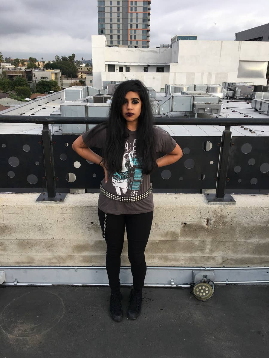 Gray Graphic Tee and Black Pants with Studded Belt and Cotton T-Shirt Gray Graphic Tee and Black Pants with Studded Belt and Cotton T-Shirt — Trendy Emo Style