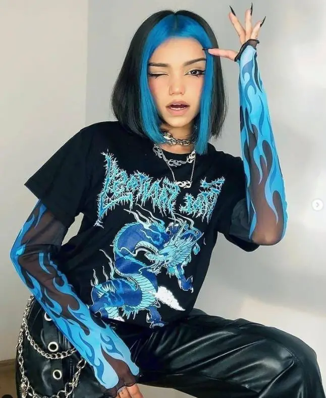 Layered Graphic Tee with Flame Print Mesh Sleeves and Faux Leather Layered Graphic Tee with Flame Print Mesh Sleeves and Faux Leather — Trendy Emo Style