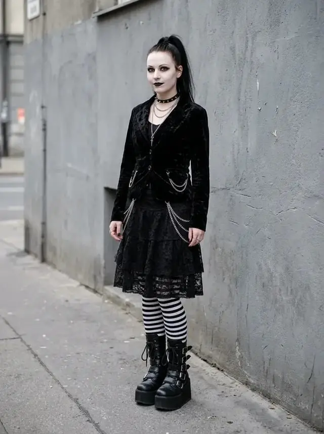 Velvet Blazer Over Lace Skirt with Striped Socks and Platform Boots Velvet Blazer Over Lace Skirt with Striped Socks and Platform Boots — Trendy Emo Style