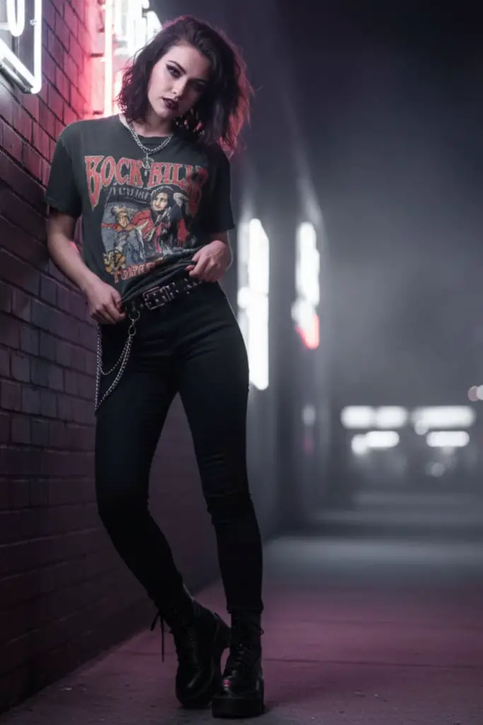 Gray Graphic Tee and Black Pants with Platform Boots Gray Graphic Tee and Black Pants with Platform Boots — Trendy Emo Style