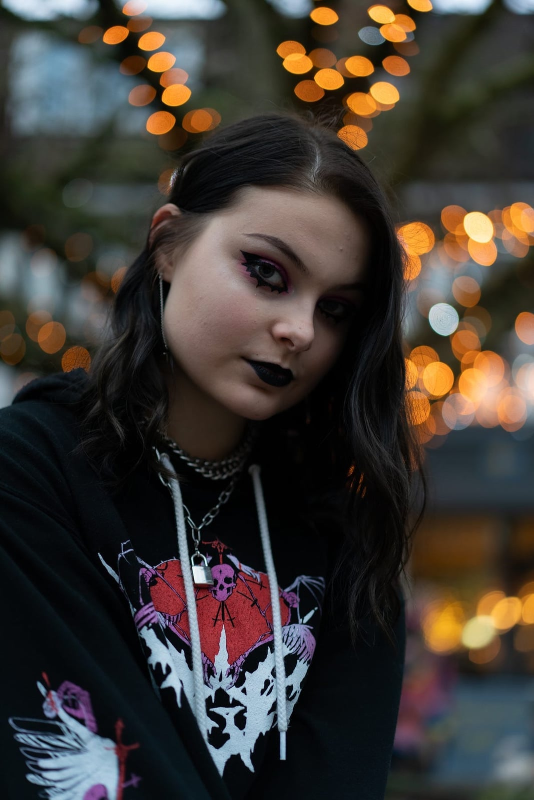 Oversized Graphic Hoodie with Layered Silver Chains Oversized Graphic Hoodie with Layered Silver Chains — Trendy Emo Style