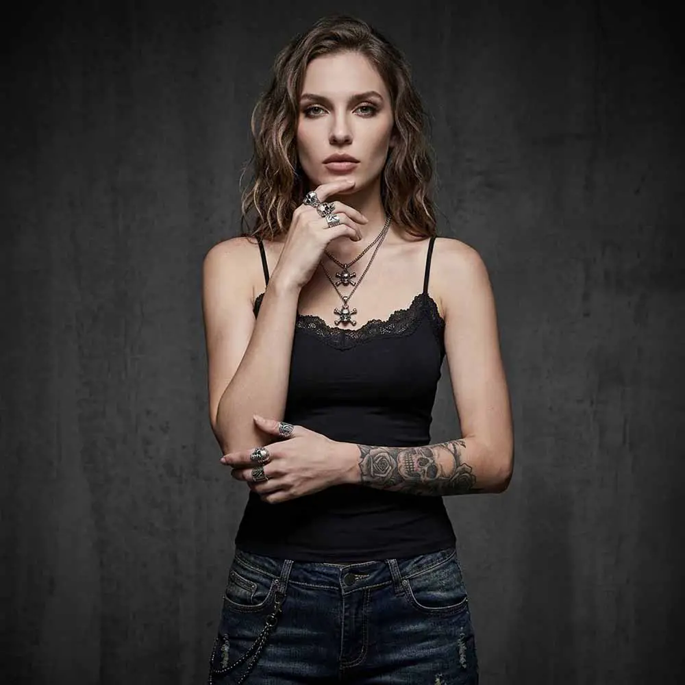 Black Lace-Trimmed Camisole with Chain Detail Blue Jeans, Jersey Black Lace-Trimmed Camisole with Chain Detail Blue Jeans, Jersey — Trendy Emo Style