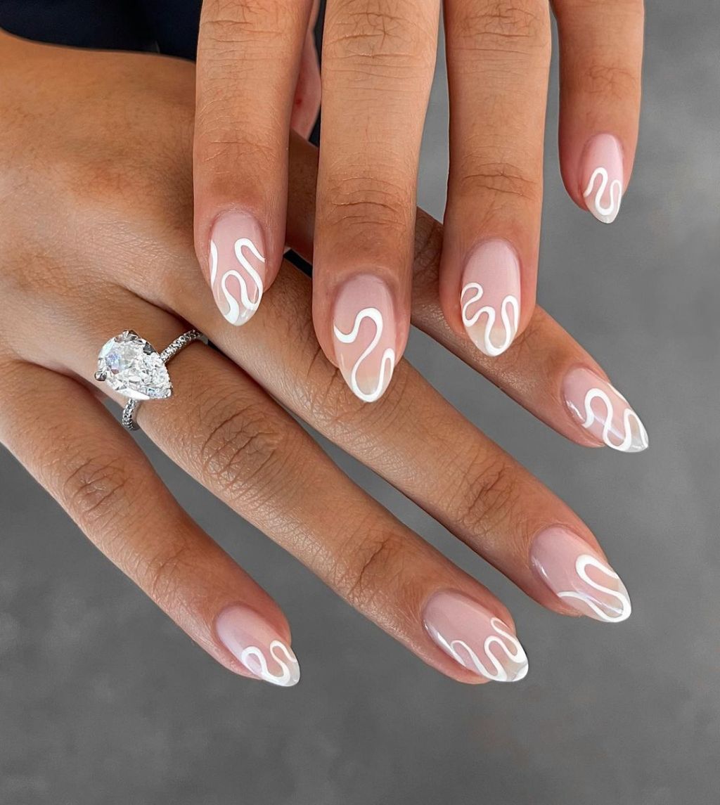 Sheer Pink Medium Almond Wavy Lines Sheer Pink Medium Almond Wavy Lines — Trendy Engagement Nails
