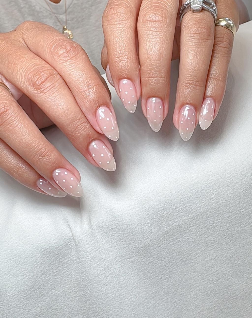 Sheer Pink Medium Almond Polka Dots Sheer Pink Medium Almond Polka Dots — Trendy Engagement Nails