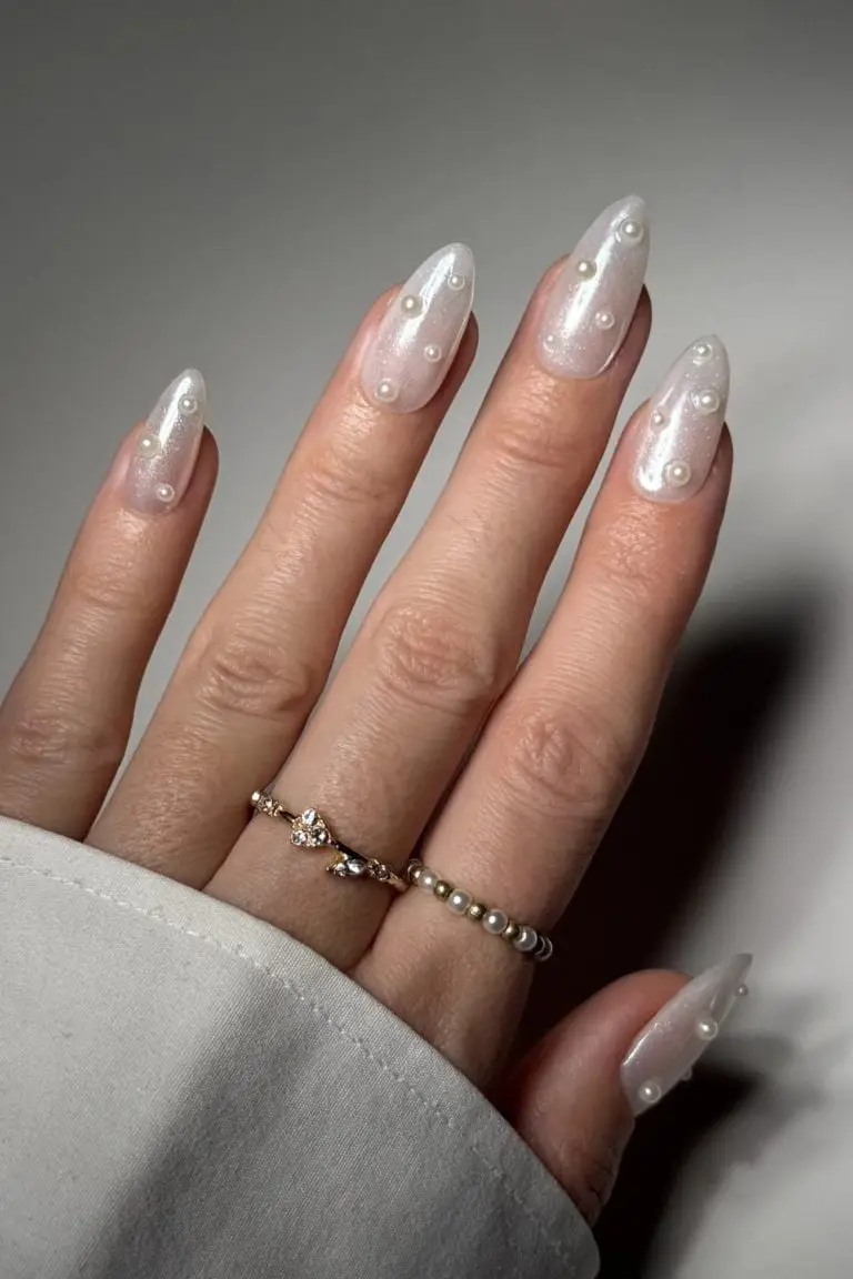 Long Almond Milky White With Pearls Long Almond Milky White With Pearls — Trendy Engagement Nails