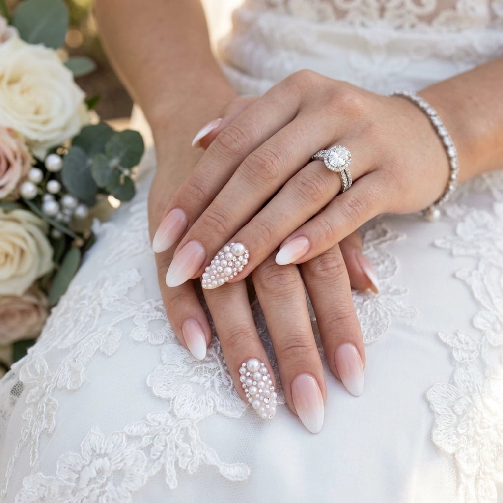 Pink To White Ombre Long Almond Pearl Accents Pink To White Ombre Long Almond Pearl Accents — Trendy Engagement Nails