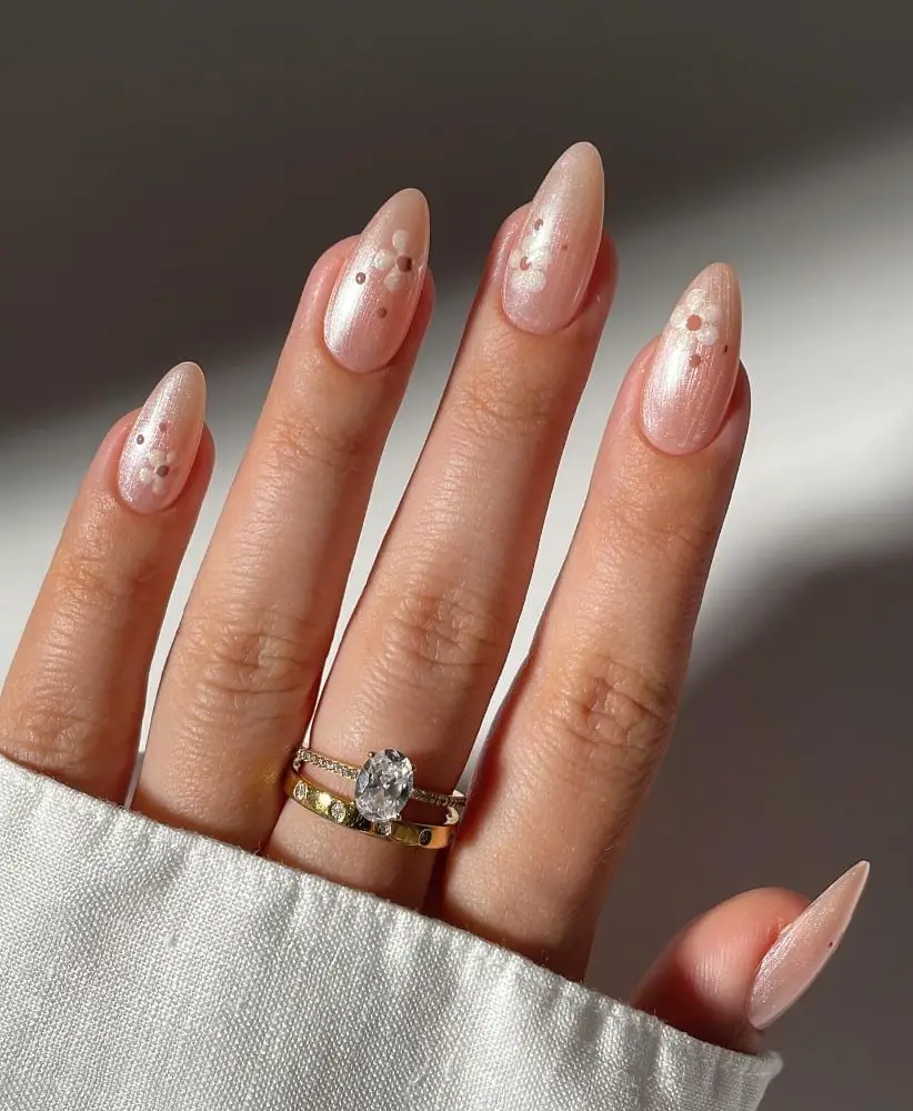Long Almond Shimmering Peach With 3D Florals Long Almond Shimmering Peach With 3D Florals — Trendy Engagement Nails