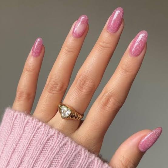 Long Almond Pink Glitter Glossy Nails Long Almond Pink Glitter Glossy Nails — Trendy Engagement Nails