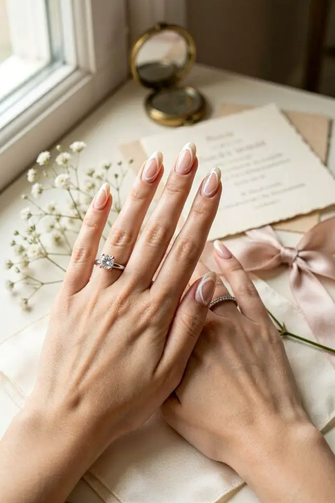 Sheer Nude Medium Oval Thin French Sheer Nude Medium Oval Thin French — Trendy Engagement Nails