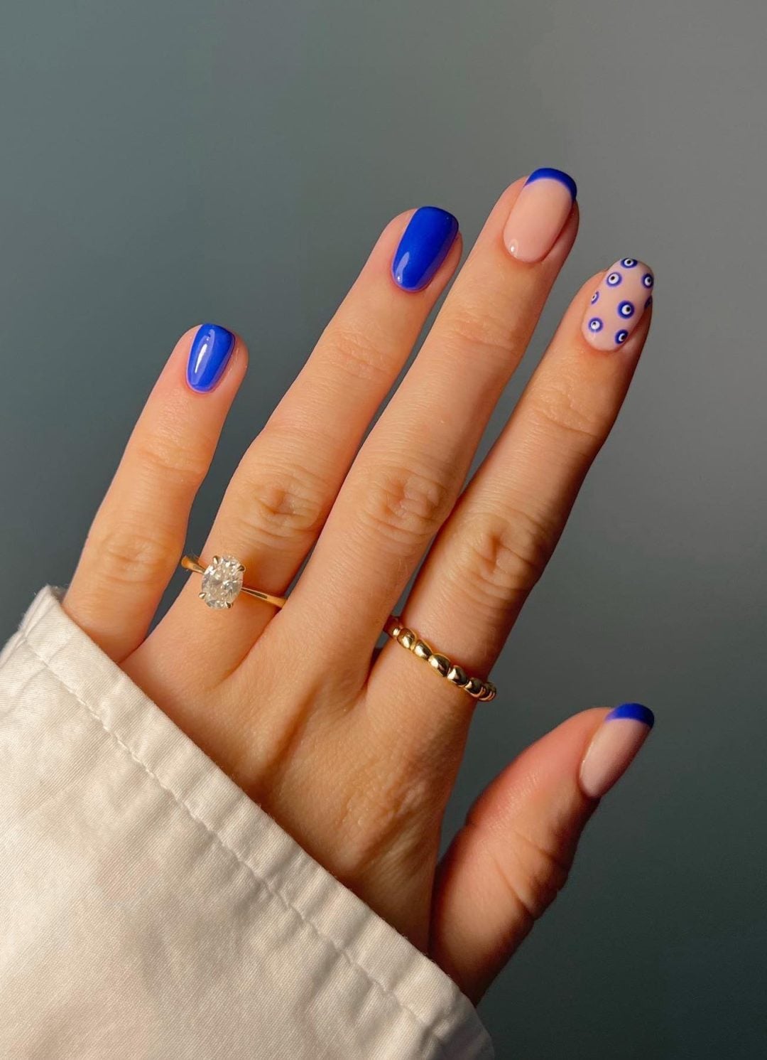 Medium Almond Light Beige With Blue Gold Geometric Eye — Trendy Evil Eye Nails