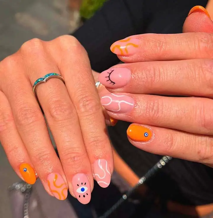 Almond Shape Pink Orange White Blue Evil Eye — Trendy Evil Eye Nails