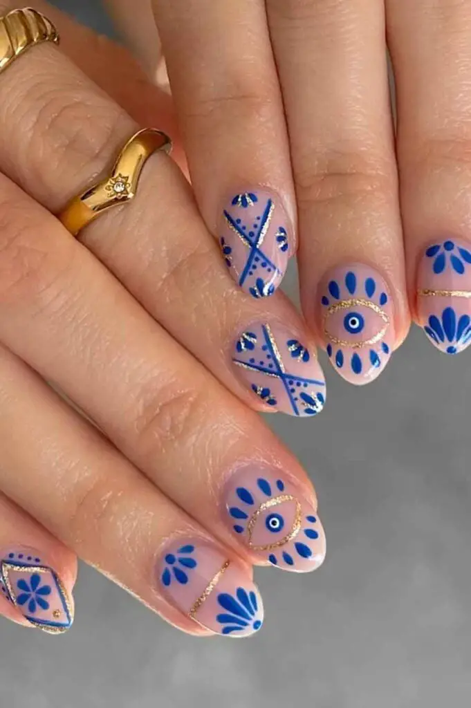 Short Square Nude Base Blue White Evil Eye Gold Accents — Trendy Evil Eye Nails