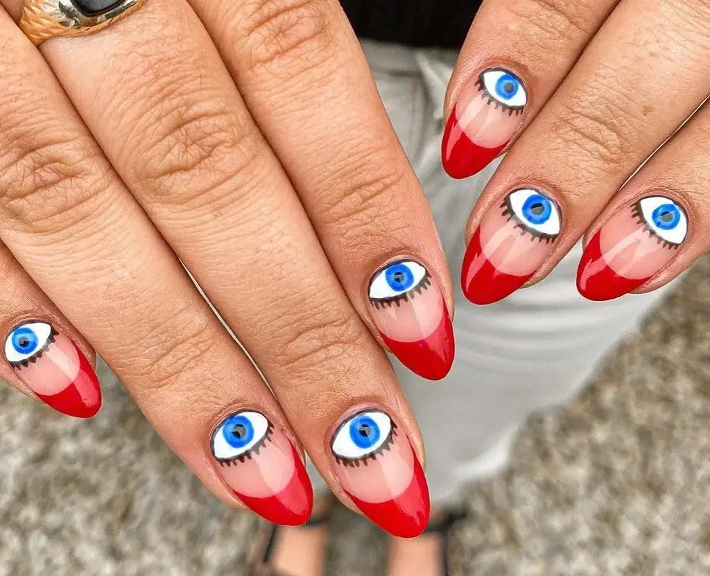 Medium Almond Red French Tip Evil Eye Nails — Trendy Evil Eye Nails