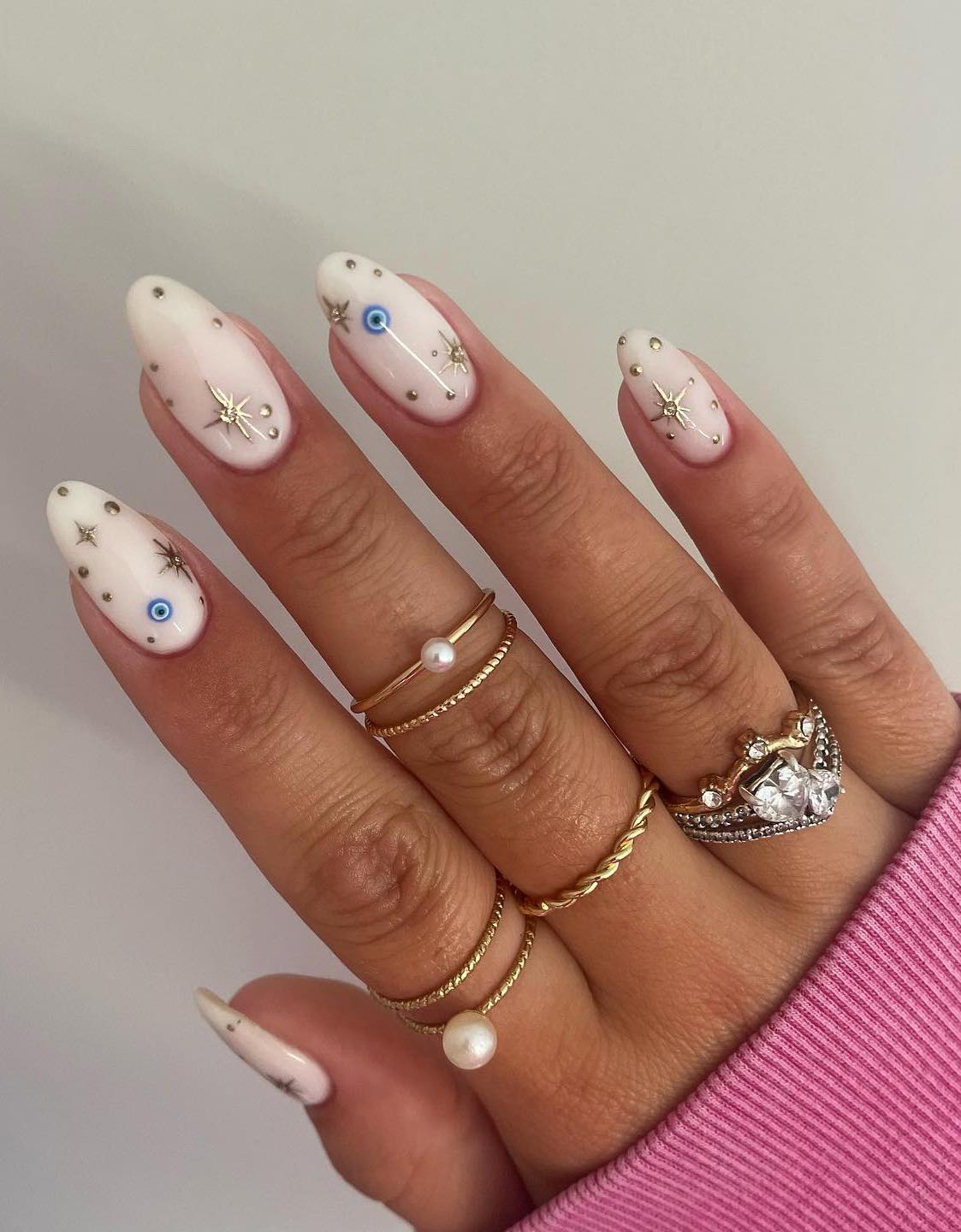 Medium Almond White Nails With Blue Eyes And Gold, Office-Safe Version — Trendy Evil Eye Nails