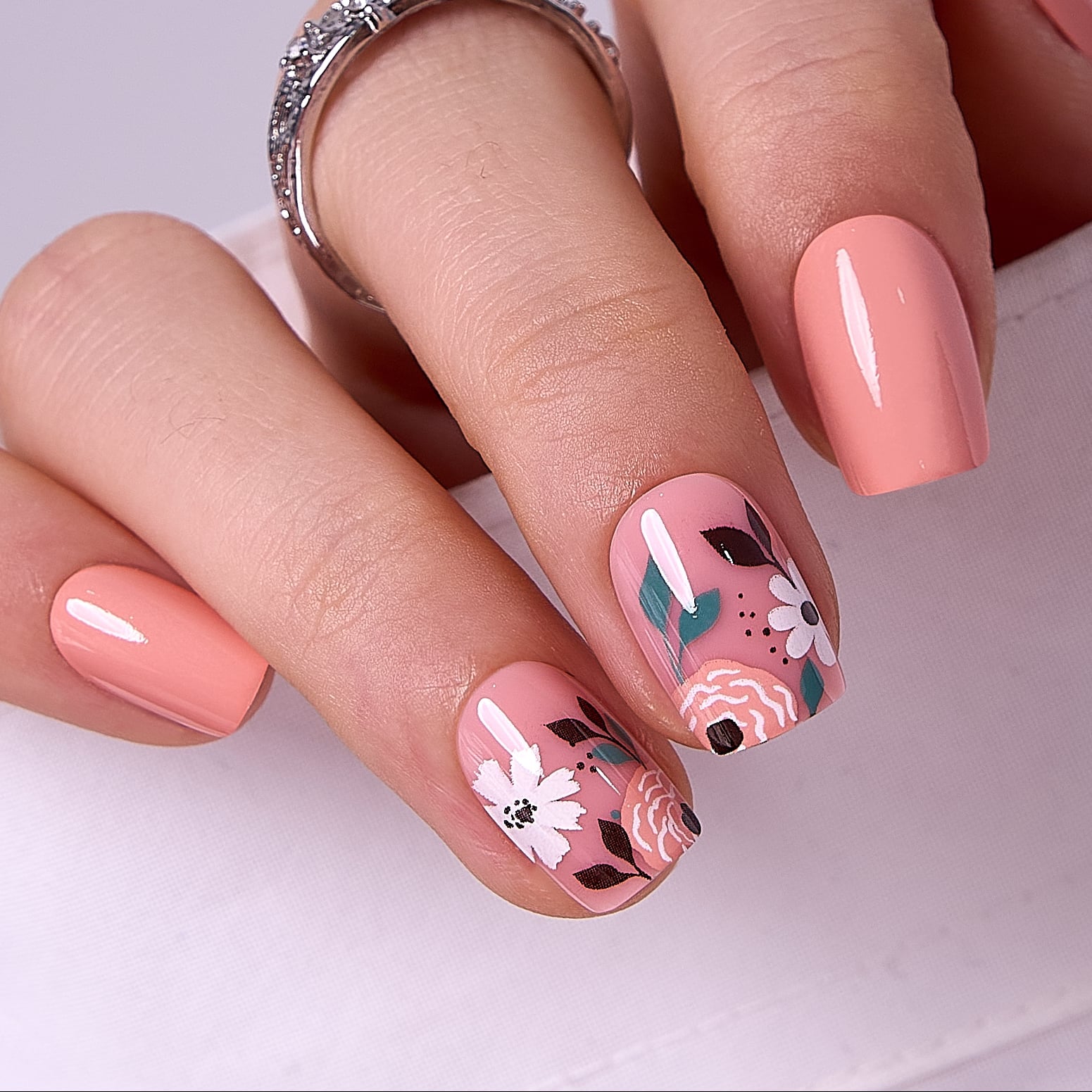 Short Square Nails With Peach And Floral Accents Short Square Nails With Peach And Floral Accents — Trendy Flower Nails