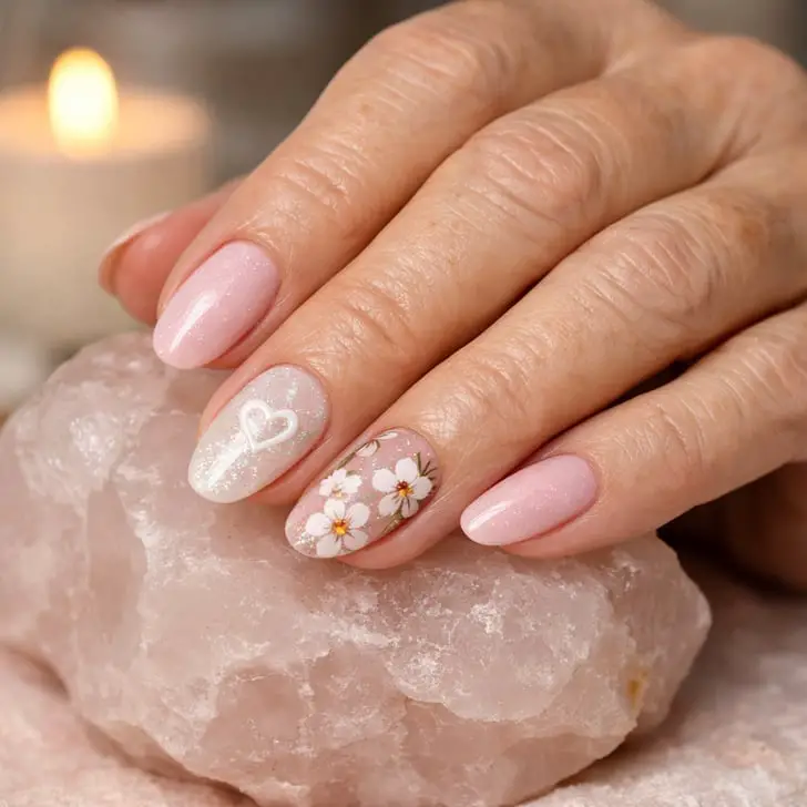 Short Oval Nails With Pale Pink Shimmer And Flowers, Close-Up Take Short Oval Nails With Pale Pink Shimmer And Flowers, Close-Up Take — Trendy Flower Nails