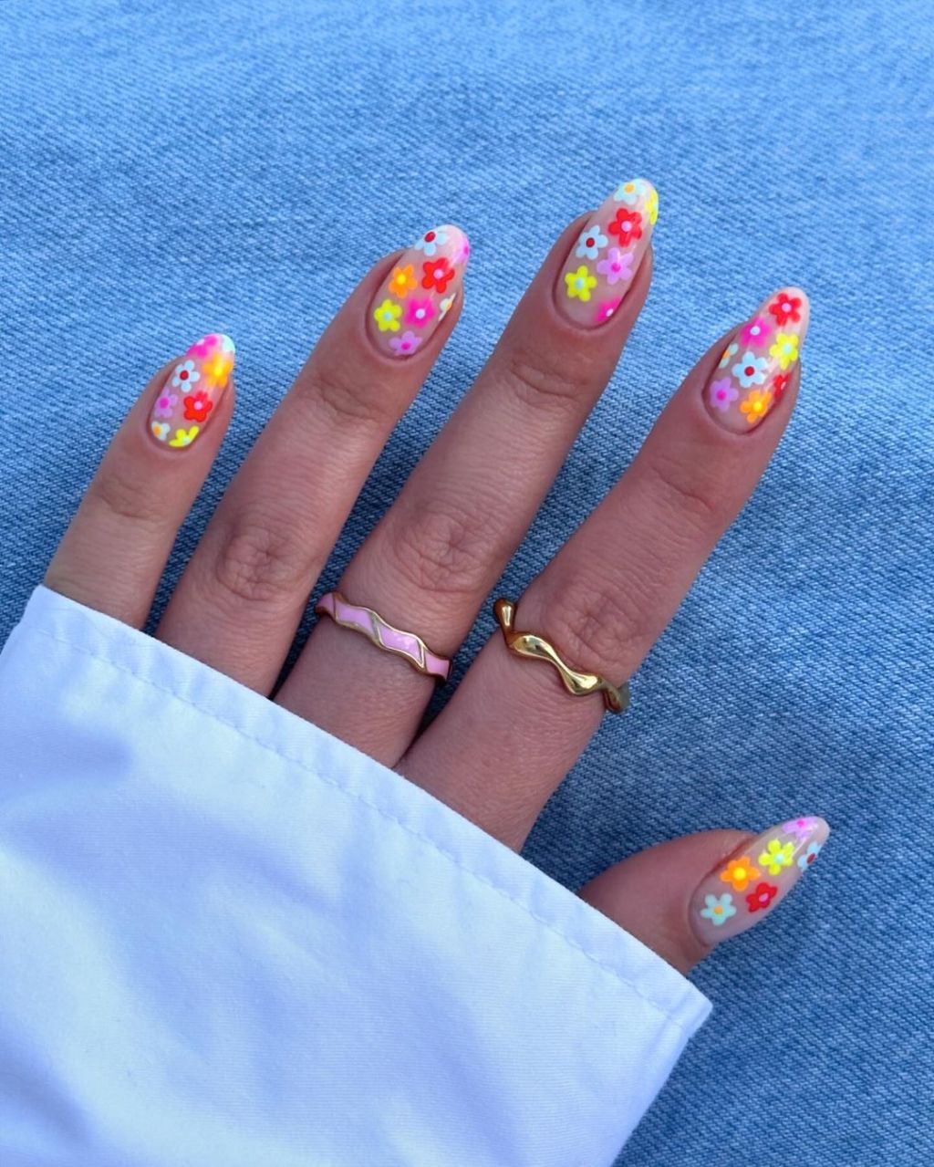 Long Almond Nails With Abstract Colorful Flowers Long Almond Nails With Abstract Colorful Flowers — Trendy Flower Nails