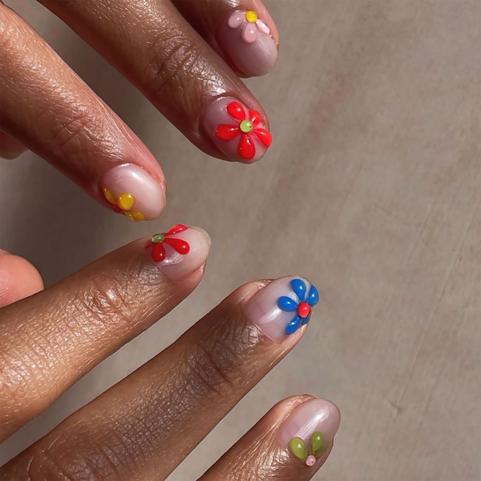 Short Almond Nails With Colorful 3D Flowers Short Almond Nails With Colorful 3D Flowers — Trendy Flower Nails